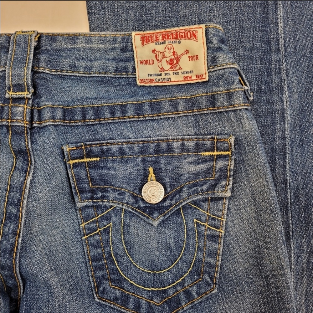 True Religion Blue Distressed Lace-Up Flare Jeans - Picture 5 of 12
